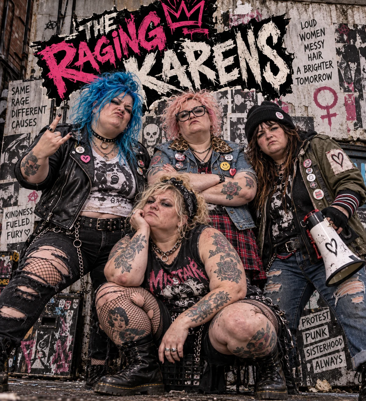 Four punk band members posing against a graffiti-covered wall beneath The Raging Karens logo
